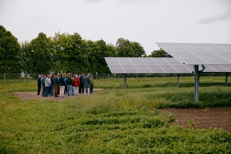 Gruppe von Menschen steht um Solarzellen auf einem Feld.
