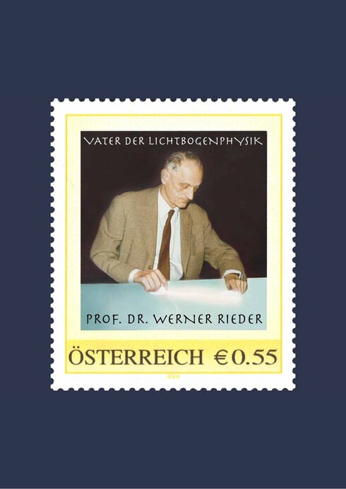 Briefmarke mit Prof. Dr. Werner Rieder, Vater der Lichtbogenphysik.