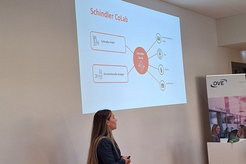 Eine Präsentation über Schindler CoLab mit einer Sprecherin.
