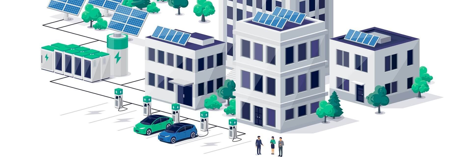 Grafik mit Häusern, auf denen PV-Anlagen installiert sind. Die Häuser sind über Stromleitungen mit Stromspeichern, weiteren PV-Anlagen und Windrädern verbunden. Vor den Häusern befinden sich Ladestationen für E-Autos.