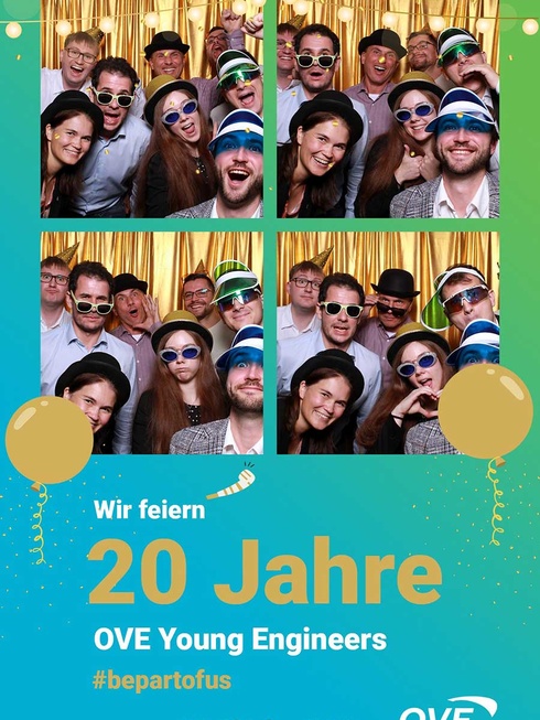 Gruppenfoto von feiernden Menschen, die 20 Jahre OVE Young Engineers feiern.