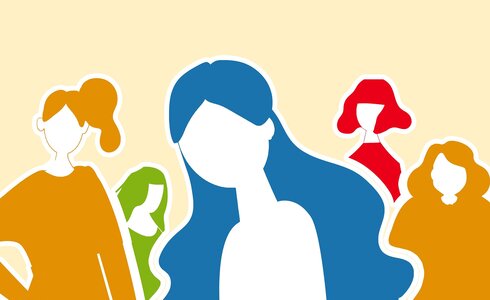 Fünf stilisierte Frauenfiguren in unterschiedlichen Farben und Haarformen.