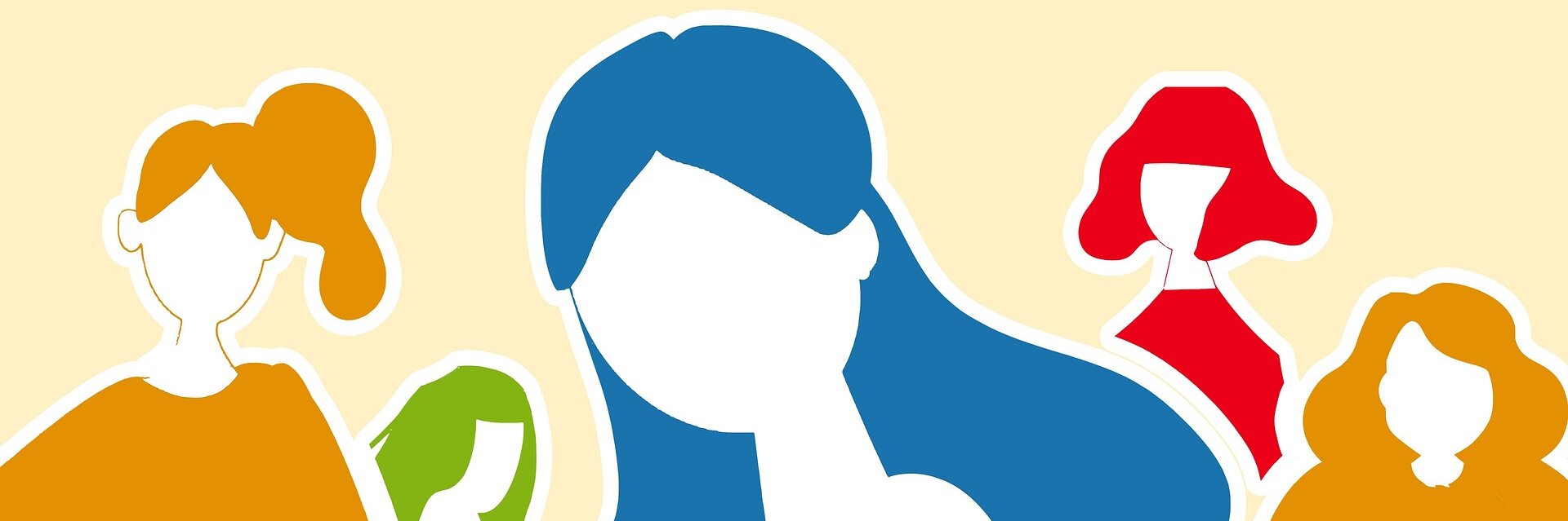 Fünf stilisierte Frauenfiguren in unterschiedlichen Farben und Haarformen.