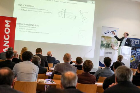 Ein Dozent präsentiert Informationen zu Distanz- und Winkelmessungen vor einem Publikum.