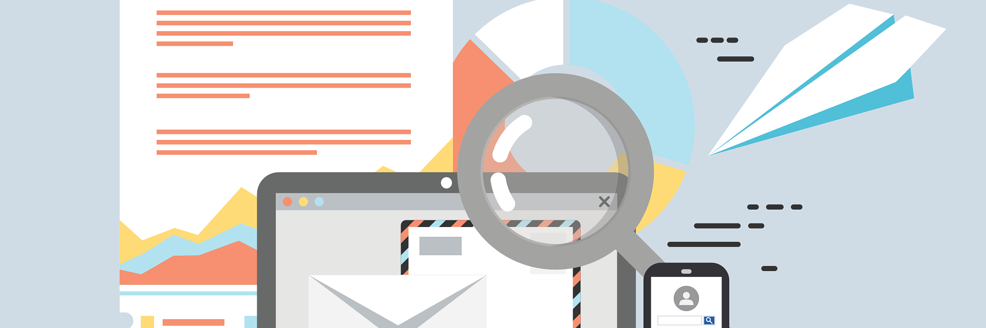 Ein Laptop und ein Smartphone zeigen E-Mail-Kommunikation und digitale Datenanalysen.