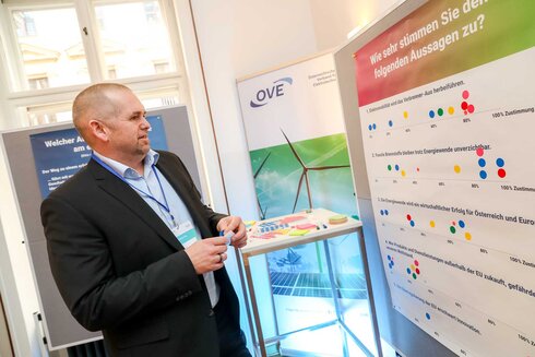 Ein Mann betrachtet ein Umfrageplakat mit farbigen Punkten und Aussagen zur Zustimmung.