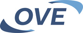 Logo mit den Buchstaben "OVE" in blauer Schrift auf weißem Hintergrund.