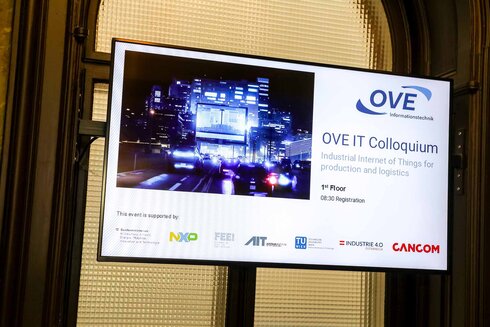 Digitale Anzeigetafel für OVE IT Colloquium: Internet der Dinge für Produktion und Logistik.
