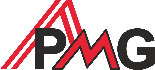 Logo der PMG in rot und schwarz, mit drei roten Dreiecken.