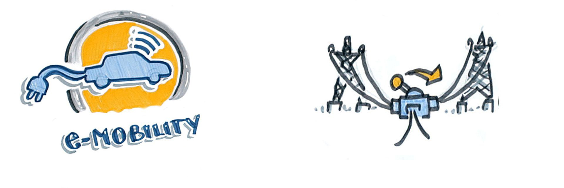 Logo für E-Mobilität mit Elektroauto und Strommasten.