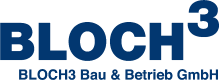 Logo von BLOCH³ Bau & Betrieb GmbH in blauer Schrift.